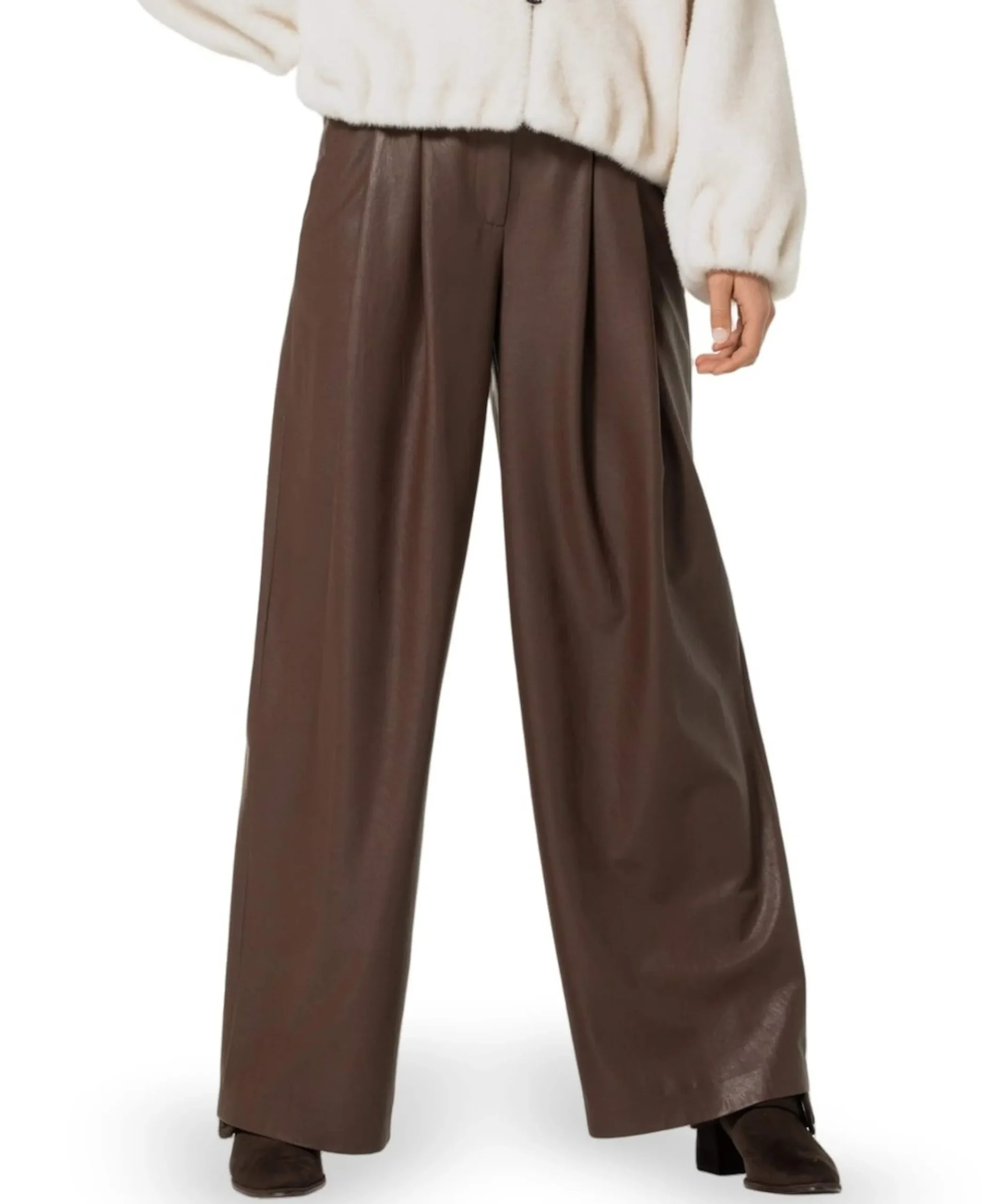 Broek-vegan leather-effen plooi dames broek bruin