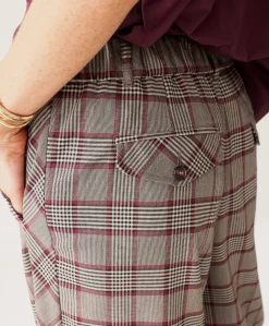 Check burgundy dames broek grijs