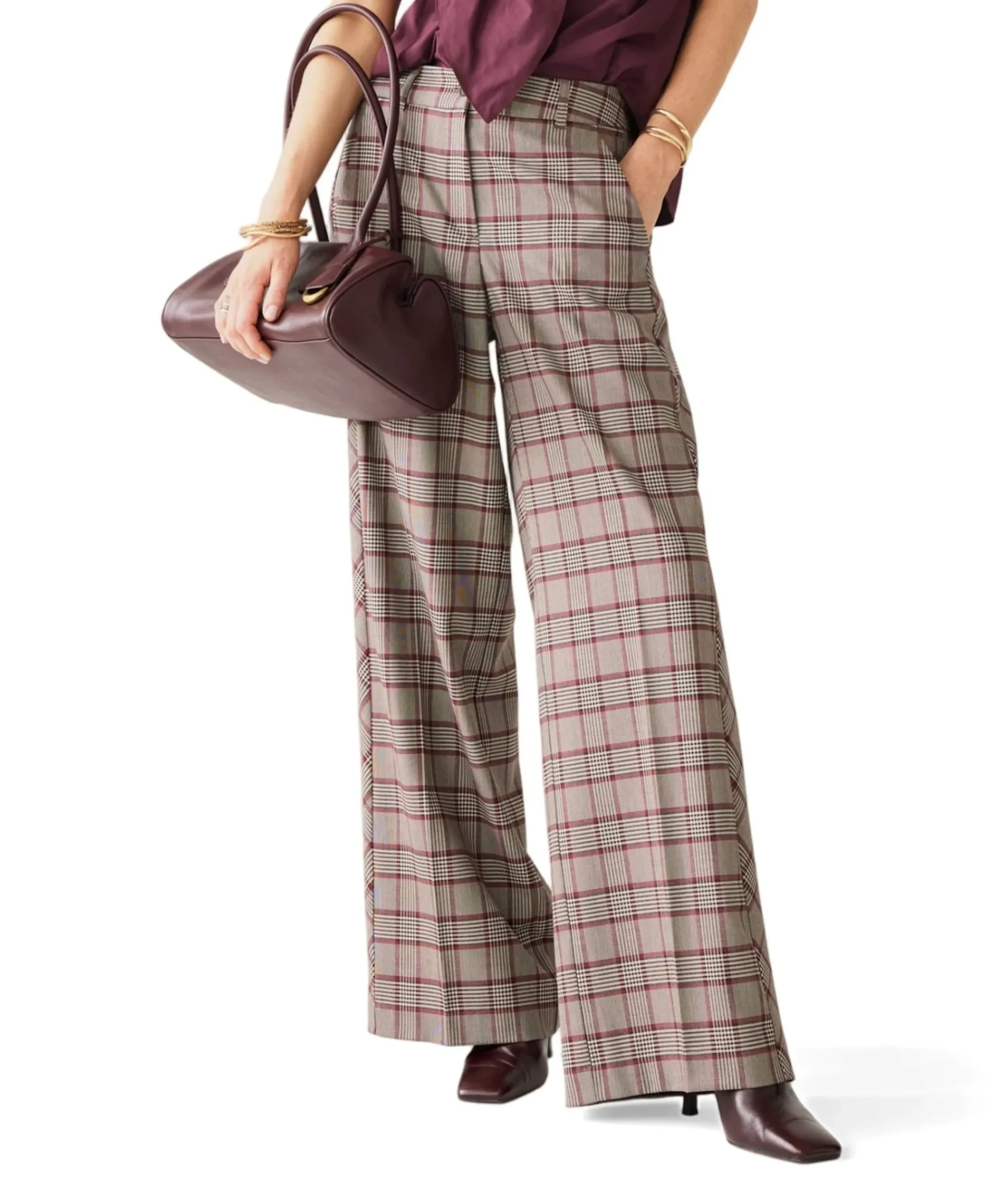 Check burgundy dames broek grijs