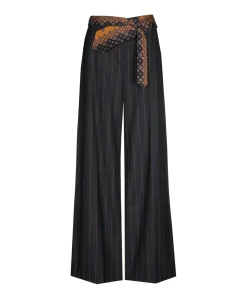 gestreept-ceintuur dames pantalon blauw