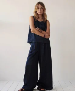 Metallic shine dames broek blauw
