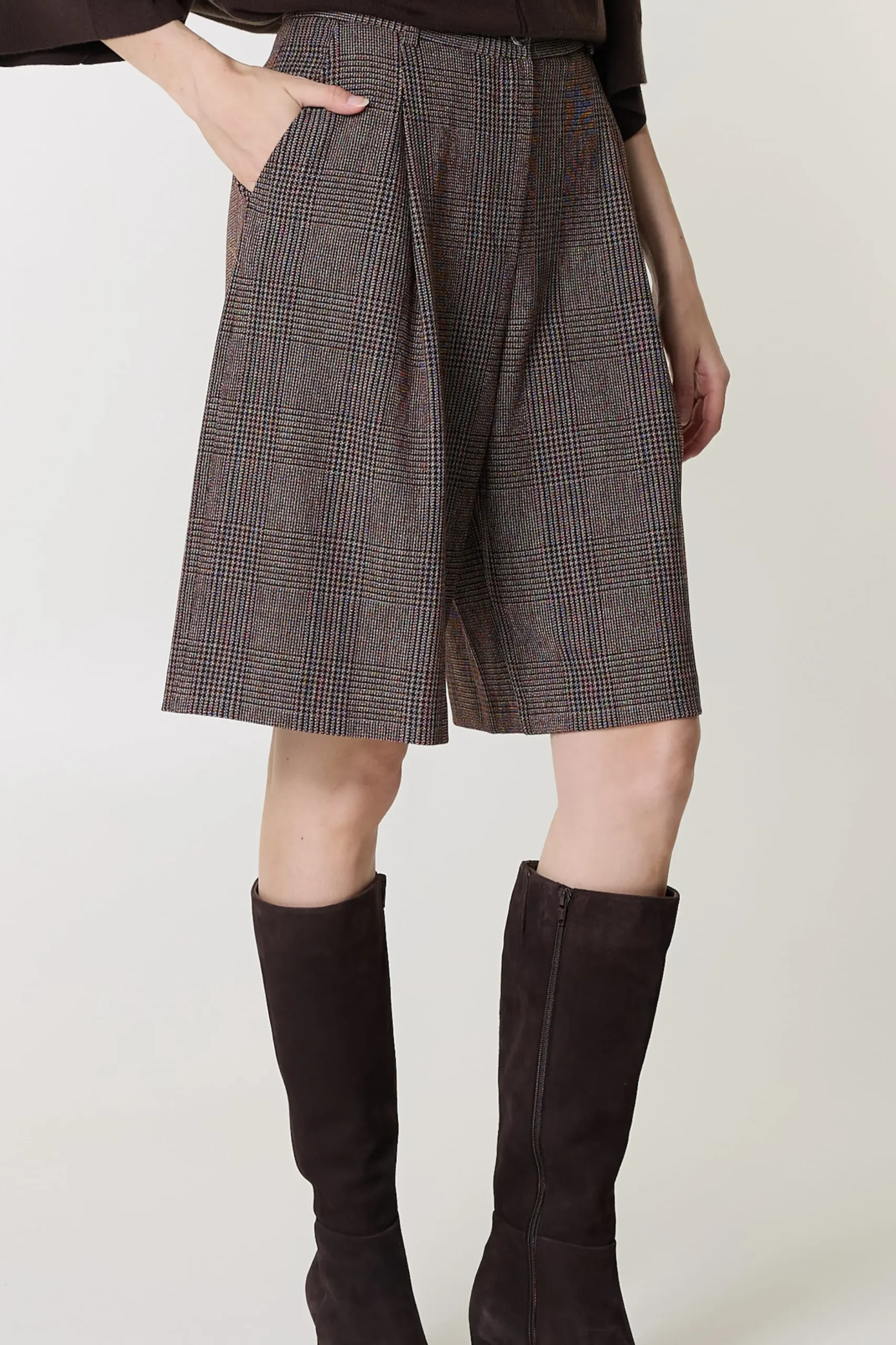 Viscose mix-geruit-plooi dames bermuda bruin